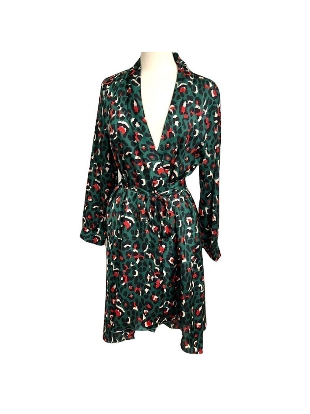 NWT Glam Leopard Print Green Navy Red Wrap Dress High Low Hem SZ L